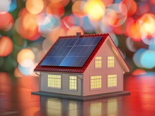 Smart home 3d model with solar panels for renewable energy concept on blurred colorful background 