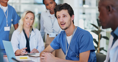 Medical, nurse and meeting for healthcare in conference room with technology, listening or...