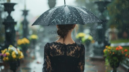 A back shot of a young woman wearing a black dress holding an umbrella to protect from the rain. Crying sadly at a funeral on a rainy day