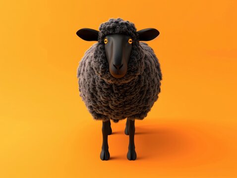 The blak sheep on orange sheeps background. An optimistic concept. 