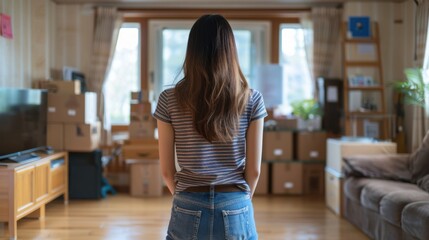 Full length back view portrait of young Asian woman decorating new home while moving in to new house or apartment, copy space
