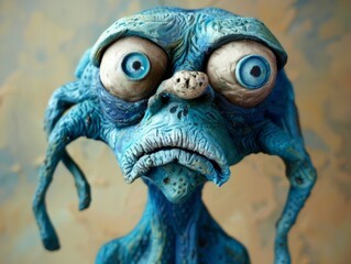 Ugly monster with a tired and depressed expression, fabulous creature made by hand from blue plasticine. Scary face of alien monster  - obrazy, fototapety, plakaty