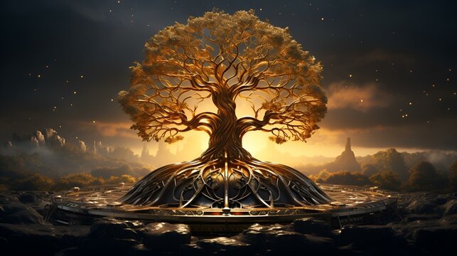 Symbolic image of the tree of life and silhouettes of people in front of it
