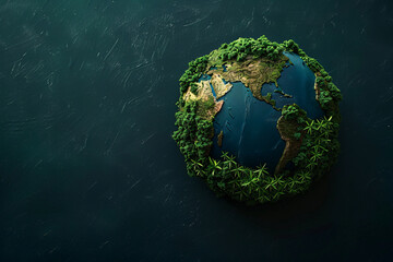 Fototapeta premium Global Nature: Earth floats in water and sky, symbolizing harmony between land, water, and air It depicts our planet as a green, vibrant sphere in space, emphasizing environmental unity and balance