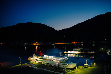 
Kagawa,Japan - April 10, 2024: A ferry in harbor of Tonosho port at dawn, Kagawa, Japan
