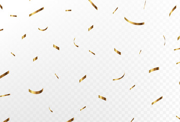 Gold confetti and ribbon streamers falling on a transparent background. 1 type. Vector illustration