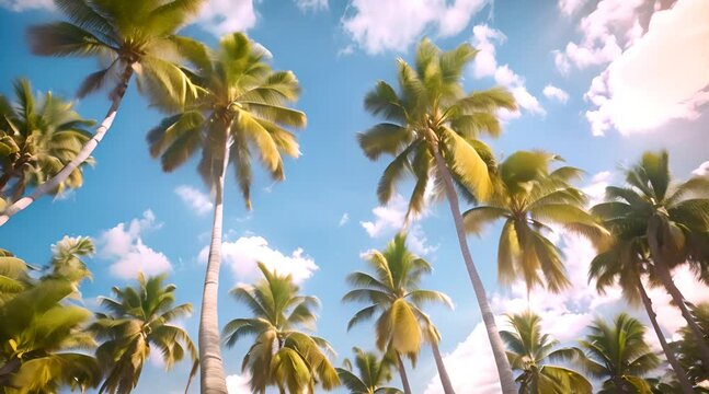 Scenic View of Tropical Palm Trees Against a Vibrant Blue Sky with Fluffy White Clouds