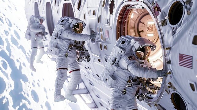 Astronauts performing routine maintenance on the exterior of a space habitat, ensuring the safety and sustainability of their home. - Powered by Adobe