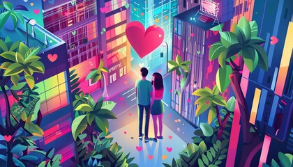 Craft a whimsical interpretation of love flourishing in a microcosm of technology with vector graphics Envision a vibrant world where romance meets digital innovation from a unique birds-eye perspecti