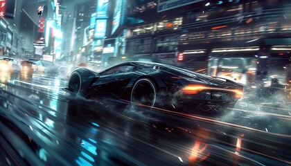 Design a sleek cyberpunk vehicle racing through the bustling streets at night, with gleaming neon lights reflecting off its polished surface and casting dynamic shadows amidst the urban chaos Digital