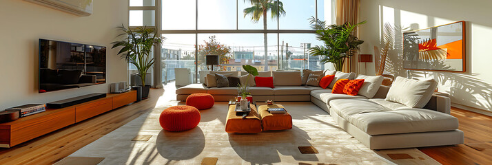 Wide-angle shot of a contemporary living room with pops of color, hyperrealistic photography of...