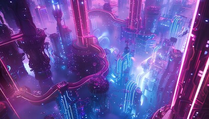 Illustrate a digital 3D rendering of an abstract landscape from an aerial perspective, drawing inspiration from the Surrealism art movement Integrate futuristic technologies such as neon lights and fl