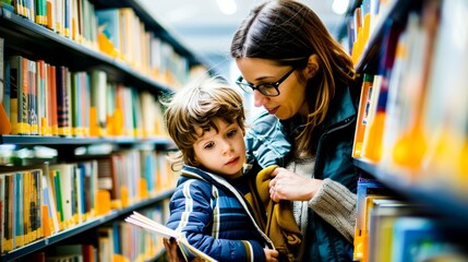 At the library, a mother and child selecting books, lost in a world of stories and imagination.