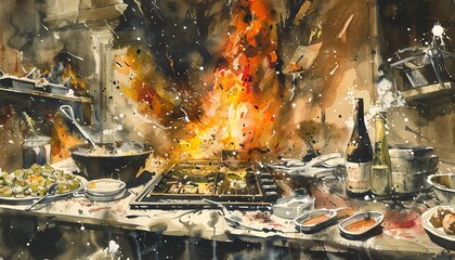 Illustrate a dramatic survival scene using a watercolor technique, showcasing a unique culinary twist in the midst of chaos - obrazy, fototapety, plakaty