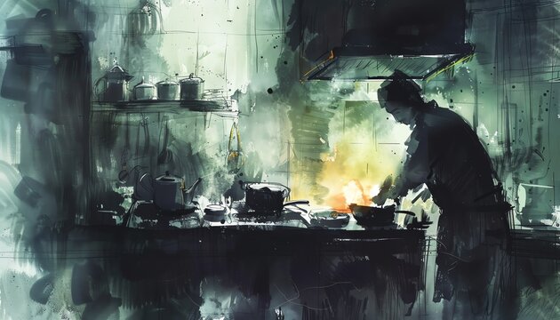 Illustrate a dramatic survival scene using a watercolor technique, showcasing a unique culinary twist in the midst of chaos