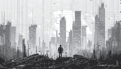 Illustrate a pixel art scene showing a lone figure standing amidst a desolate grayscale landscape filled with falling stock market graphs and abandoned skyscrapers, conveying the theme of mourning the