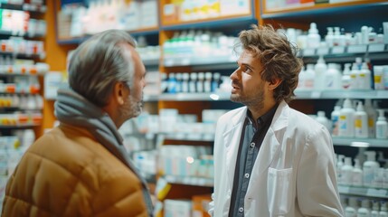 Fototapeta na wymiar Pharmacist talking with male customer in drug store Focus on customers