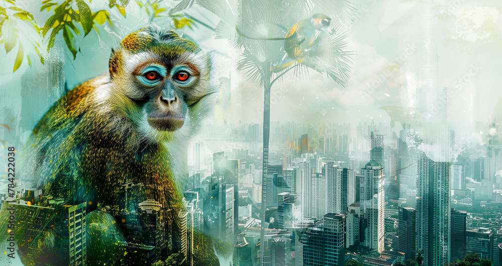 Wall mural Wildlife concept. Fantasy collage banner. Illustration of jungle plants, monkey and city - Wall murals