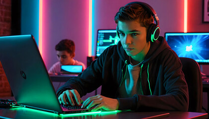 A Boy wearing headphones using a laptop with neon lights glowing background slide view. A teenage gamer typing or on her notebook keyboard sitting at a desk. An engineering student is Coding.