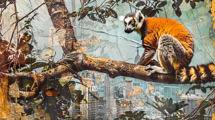 Wildlife concept. Exotic fantasy collage banner. Illustration of jungle plants , lemur - obrazy, fototapety, plakaty