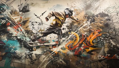 Illustrate the adrenaline of extreme sports colliding with the creativity of street art in a photorealistic scene, portraying wide-angle educational insights with a splash of rebellious energy