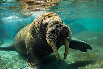 Underwater portrayal of a walrus, emphasizing its grace and agility with sleek movements highlighted