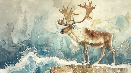 A literary caribou in a world of news, illustrated in dreamy watercolors for art enthusiasts