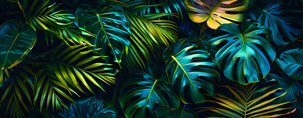 illustration of Dark green tropical leaves colorful neon light backlight leaves composition plant background minster palm leaves.