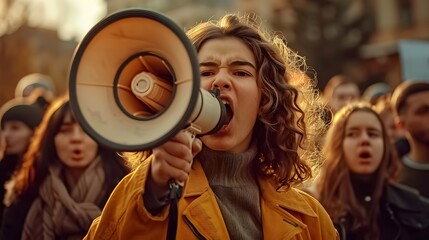 In a protest event for community, support, and leadership, a woman with a megaphone champions freedom, revolution, and the future. This rally embodies global social justice and human rights, engaging  - obrazy, fototapety, plakaty