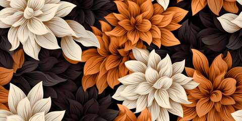 A pattern of flowers in shades of orange and cream on black