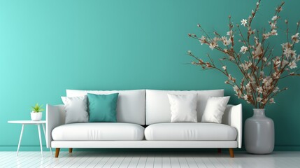 A chic sitting area featuring a plush white sofa against a vibrant teal 3D wall, creating a harmonious blend of comfort and style. - obrazy, fototapety, plakaty