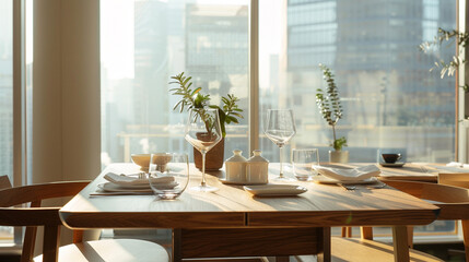A well-set dining table with clean glassware and green plants, basking in the soft sunlight with a modern city skyline backdrop.