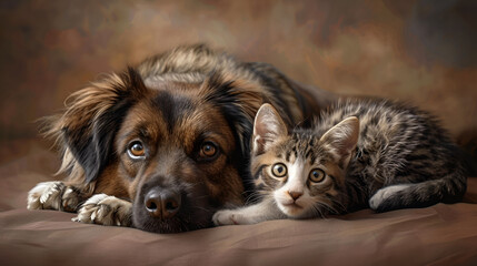 Mixed breed dog and cat friends portrait Adorable kitten and dog, generative Ai