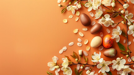 Happy Easter banner presenting a delicate array of colorful chocolate Easter eggs accompanied by cherry blossoms on a soft peach background. The Easter eggs are painted in pastel shades of pink