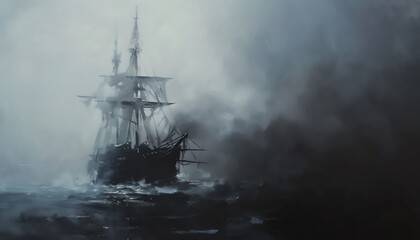 Capture the chilling beauty of a ghostly shipwreck on a foggy ocean through a sinister lens in traditional oil painting - obrazy, fototapety, plakaty
