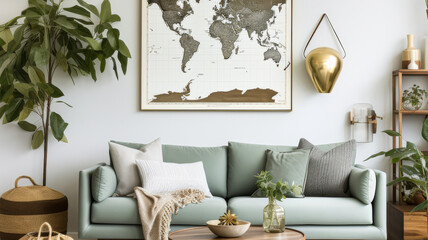A large framed world map hangs on the wall above a green couch. The room is decorated with plants and has a cozy, inviting atmosphere