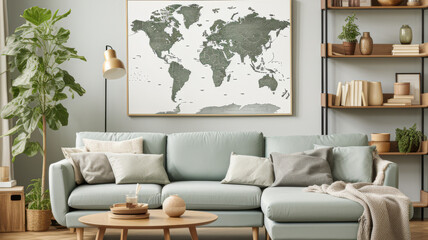 A large framed world map is on the wall above a couch. The room is decorated with a green couch, pillows, and a coffee table. There are several books on a shelf, and a potted plant is in the corner