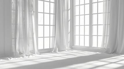 A room with white curtains and white walls. The curtains are open, letting in the sunlight. The room is empty, with no furniture or decorations
