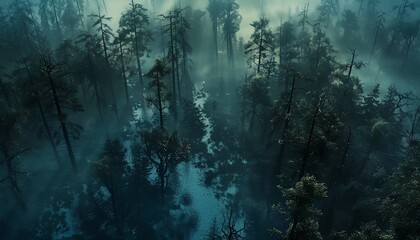 Delve into the eerie depths of a haunted forest from an aerial view using photorealistic digital rendering techniques