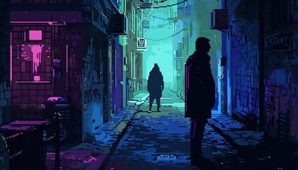 Design a haunting encounter between a news reporter and a paranormal entity, set in a dark alleyway Incorporate elements of fear and mystery with pixel art style and unexpected camera angles for a uni - obrazy, fototapety, plakaty