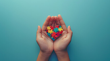 A hand holding a puzzle heart. The puzzle pieces are in different colors and the heart is made of them