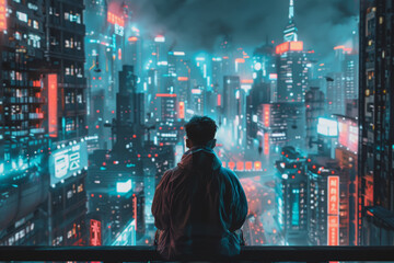A man is sitting on a ledge in a city with neon lights and tall buildings. The cityscape is illuminated with bright lights, creating a vibrant and energetic atmosphere. The man is enjoying the view - obrazy, fototapety, plakaty