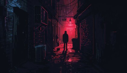 Design a haunting encounter between a news reporter and a paranormal entity, set in a dark alleyway Incorporate elements of fear and mystery with pixel art style and unexpected camera angles for a uni