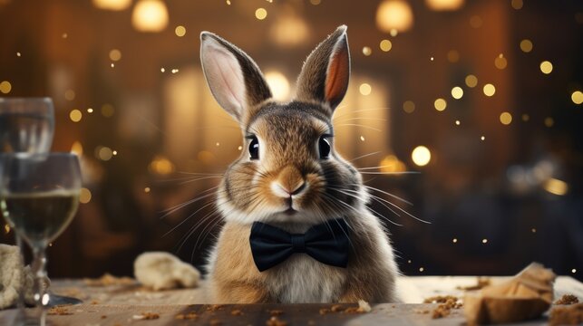 Rabbit wearing bow tie in blurry background