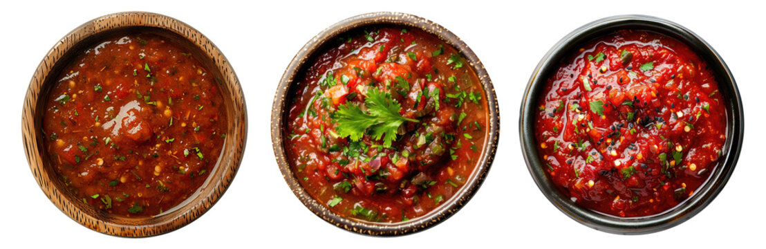Wooden bowl with salsa sauce isolated on transparent background