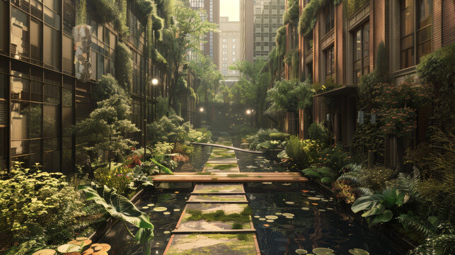 A city street with a green path and a bridge. The path is lined with trees and plants, and there are several potted plants along the way. Scene is peaceful and serene, with the greenery