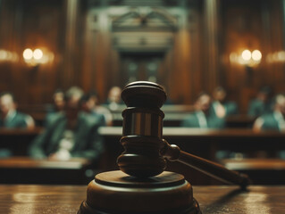 A judge's gavel sits on a wooden podium in front of a crowd of people. The atmosphere is tense and serious, as the judge prepares to make a decision - obrazy, fototapety, plakaty