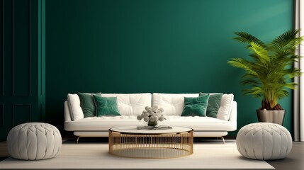 A chic sitting area featuring a plush white sofa against a vibrant emerald green 3D wall, creating a harmonious and stylish ambiance. - obrazy, fototapety, plakaty