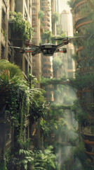 A drone is flying over a lush green jungle with tall buildings in the background. The drone is surrounded by a lot of greenery, which gives the scene a sense of life and vitality