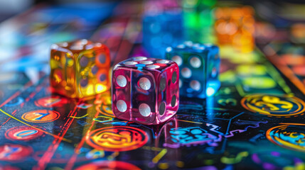 A colorful board with dice on it. The dice are in different colors and are placed on top of the board - obrazy, fototapety, plakaty